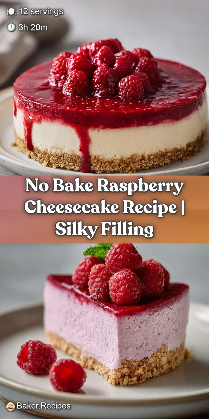 Close-up of a no-bake raspberry cheesecake, showcasing the creamy texture, vibrant raspberry swirl, and golden crust with ...
