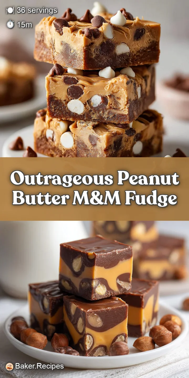 Close-up of decadent peanut butter fudge swirled with creamy peanut butter, studded with colorful M&Ms for a sweet craving.