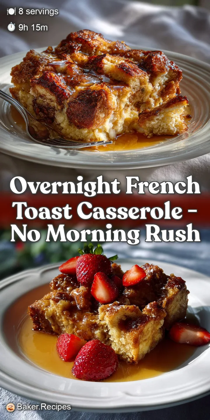 Close-up of a tender, golden square of French toast casserole. Notice the creamy center, caramelized edges, and a sprinkle...