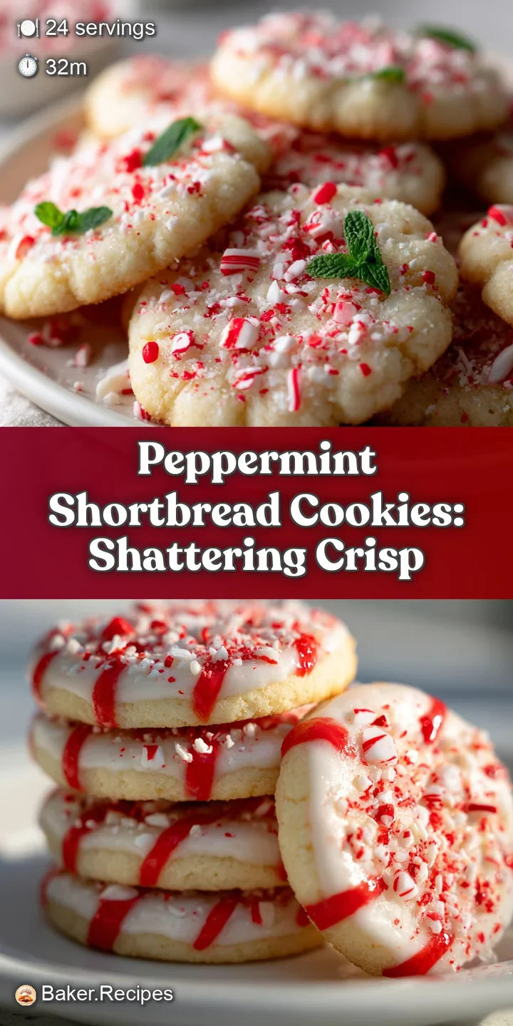 Close-up of a peppermint shortbread cookie, highlighting its crumbly edge, vibrant red candy specks, and delicate dusting ...