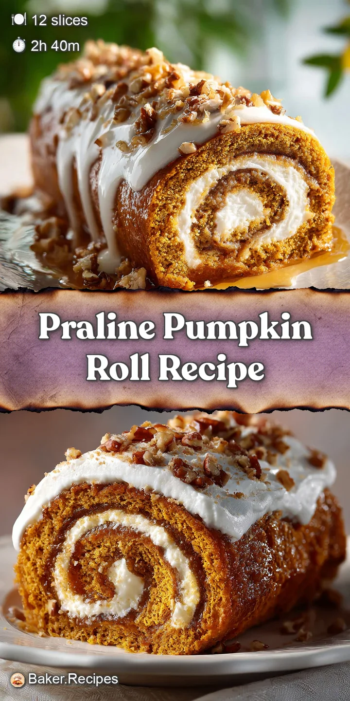 Close-up of pumpkin roll showcasing soft, moist cake texture, rich praline filling, and a sprinkle of coarse sugar.