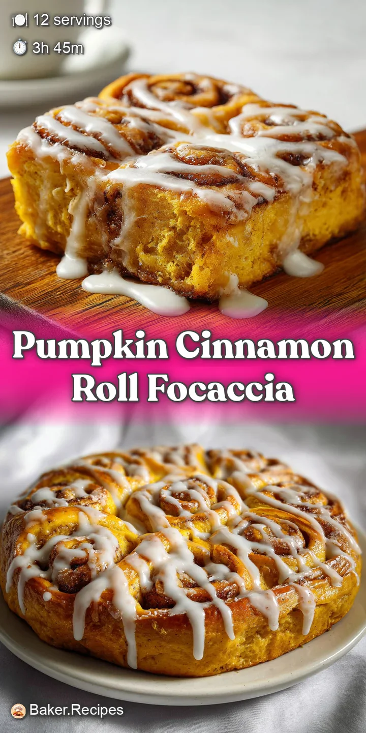 Close-up of pumpkin cinnamon focaccia. The swirled pattern is rich, the dough looks moist, and cinnamon dusts the top.