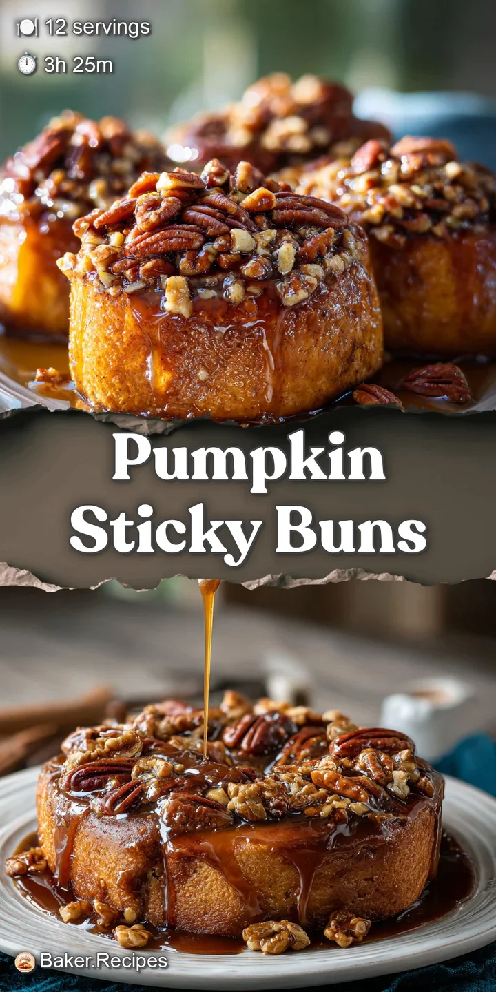 Close-up of a gooey pumpkin sticky bun revealing layers of dough, pumpkin filling, and a caramelized pecan topping.