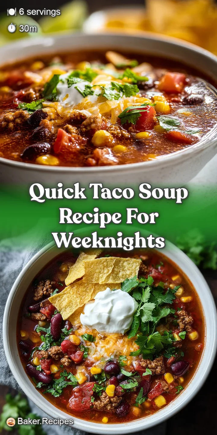 Close-up of simmering taco soup; chunks of seasoned ground beef and colorful vegetables create a rustic, comforting, and f...