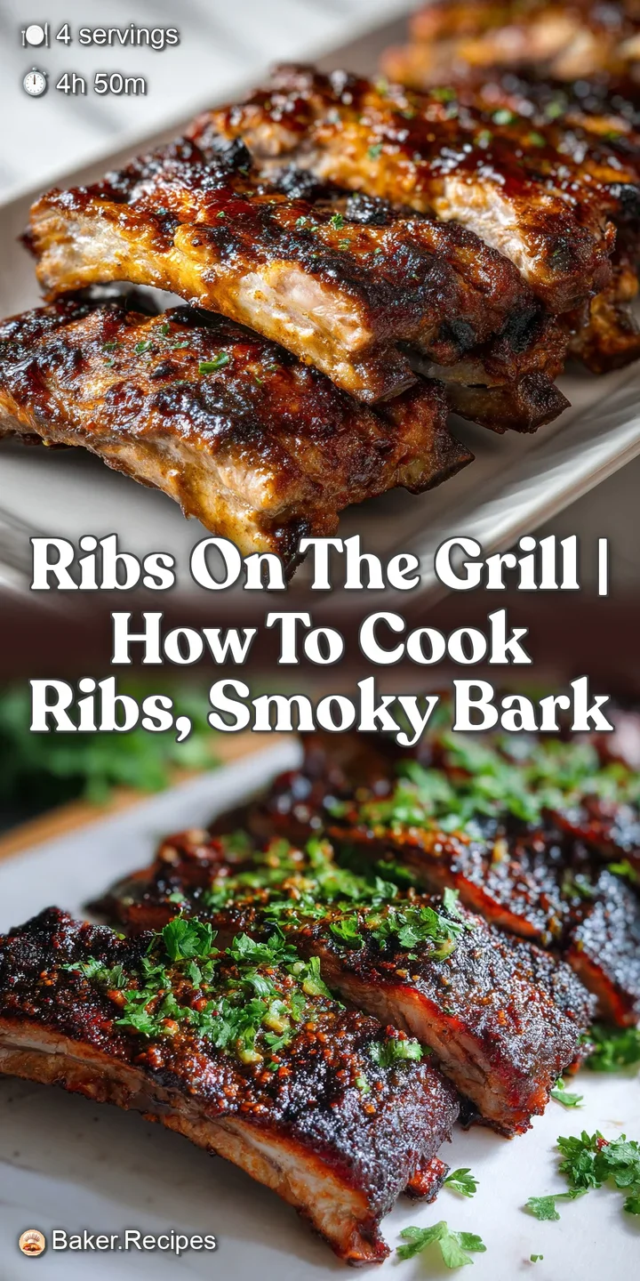 Close-up of ribs with a rich, caramelized bark, revealing tender meat. Visible smoke rings and bubbling glaze promise inte...