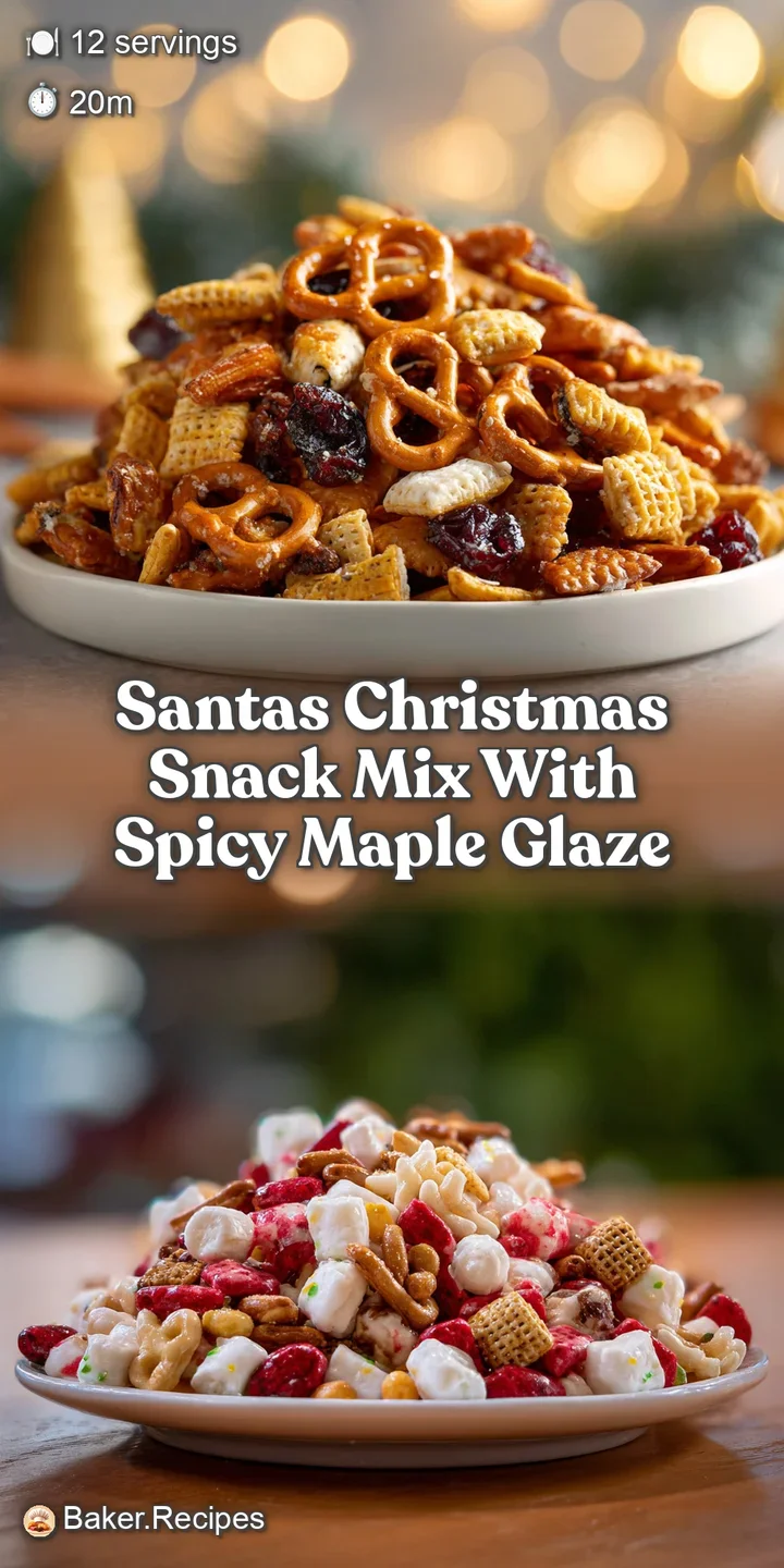 Close-up of Christmas snack mix highlighting the textures of crunchy pretzels, fluffy popcorn, and smooth, colorful candie...