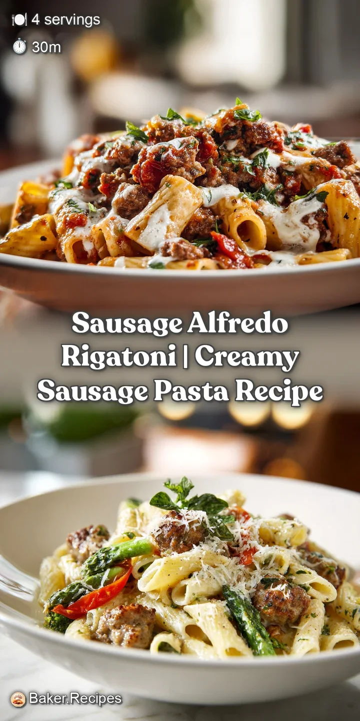 Close-up of tender rigatoni pasta bathed in luscious, white Alfredo sauce, dotted with perfectly browned Italian sausage c...