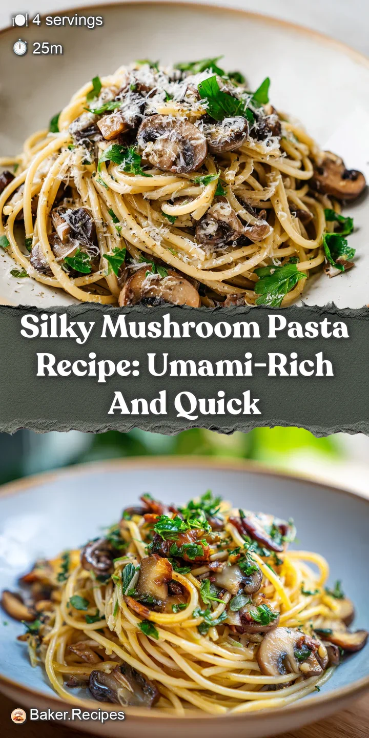 Close-up shows glistening pasta strands coated in velvety sauce. Earthy mushrooms peek through, promising a savory, comfor...