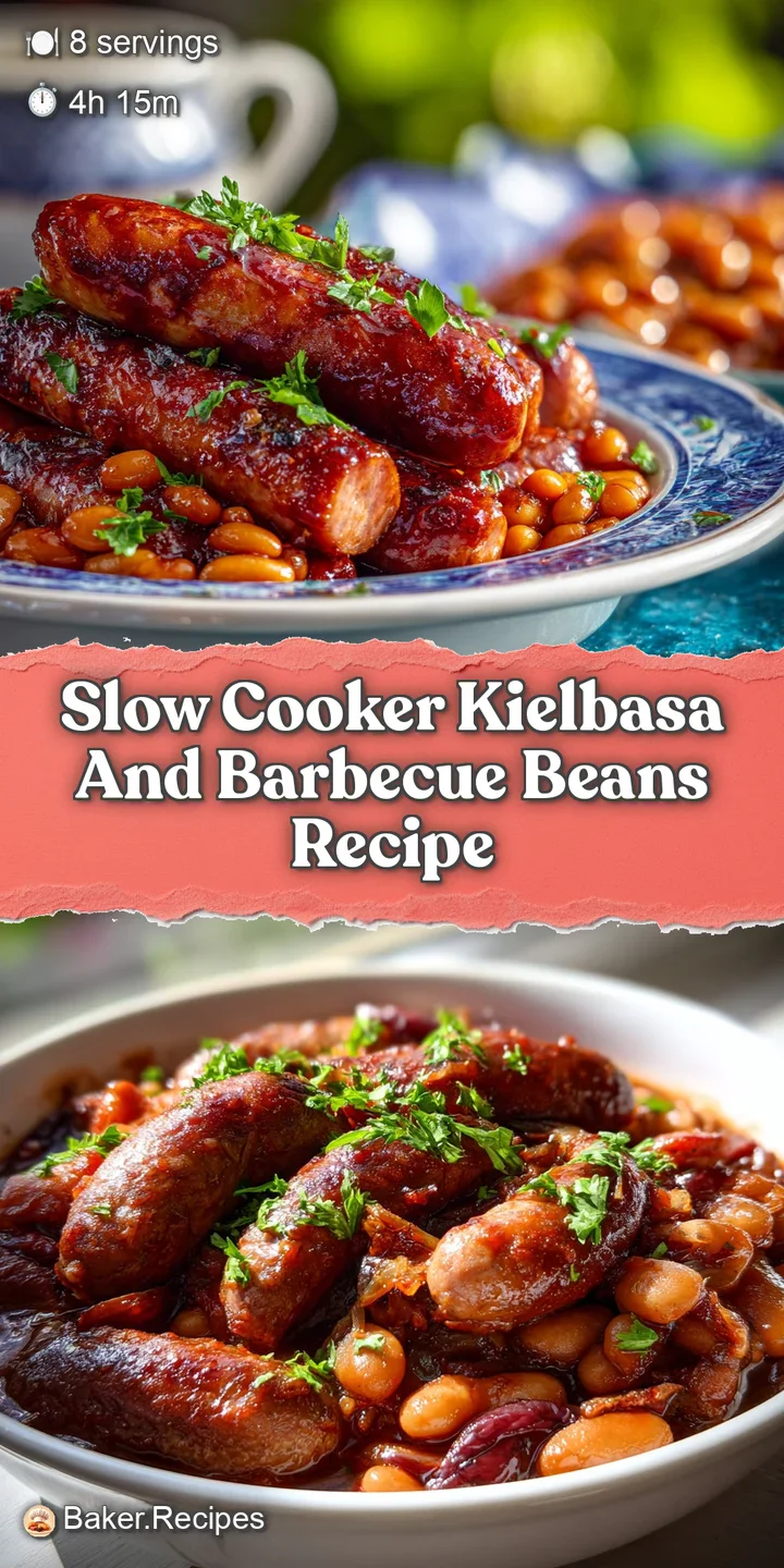 Close-up of tender kielbasa with caramelized edges mingling with thick, saucy baked beans, hinting at a savory, smoky flavor.
