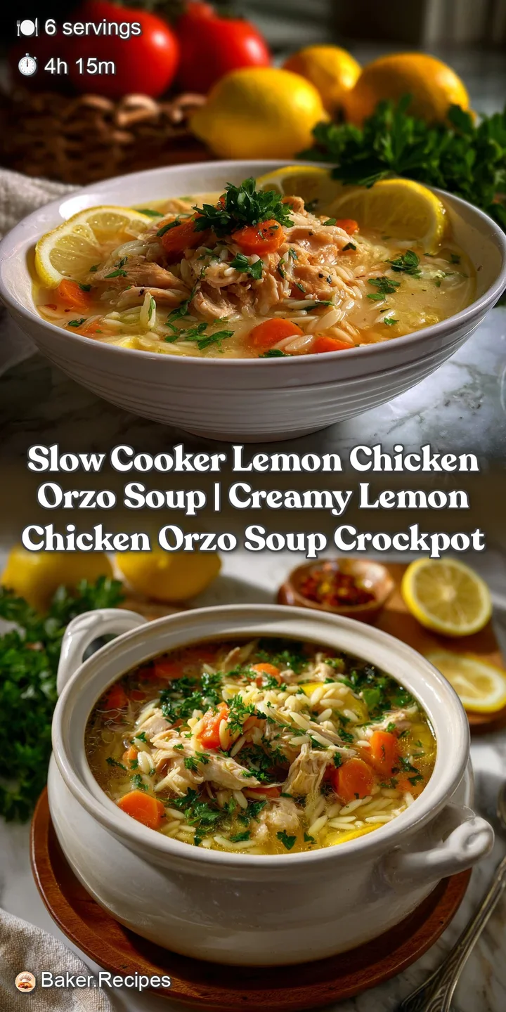 Slow Cooker Lemon Chicken Orzo Soup | Creamy Lemon Chicken Orzo Soup Crockpot
