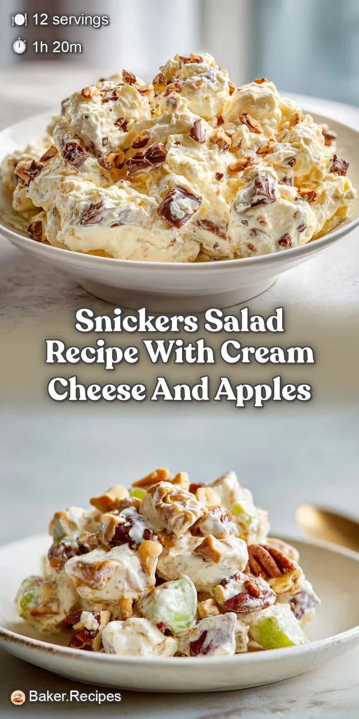 Close-up of Snickers salad: creamy texture, glistening caramel, crisp apple pieces, and satisfying chunks of chocolate can...
