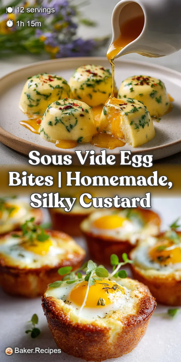 Close-up reveals the velvety smooth texture of a sous vide egg bite, dotted with herbs, promising a rich and flavorful bite.