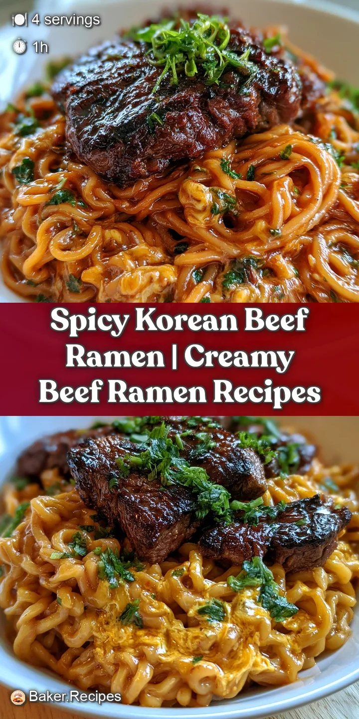 Close-up of glossy, tender beef and golden egg yolk resting on a bed of curly noodles in a vibrant red soup.