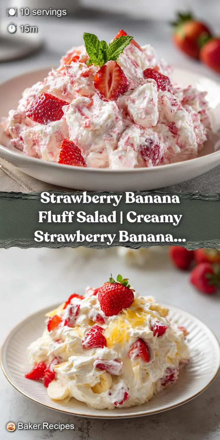 Close-up of fluffy pink and white salad texture, highlighting juicy red strawberry halves and soft banana pieces.