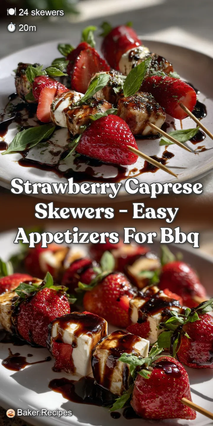 Close-up of a strawberry Caprese skewer showcasing the glossy red strawberry, smooth mozzarella, and fresh green basil, in...