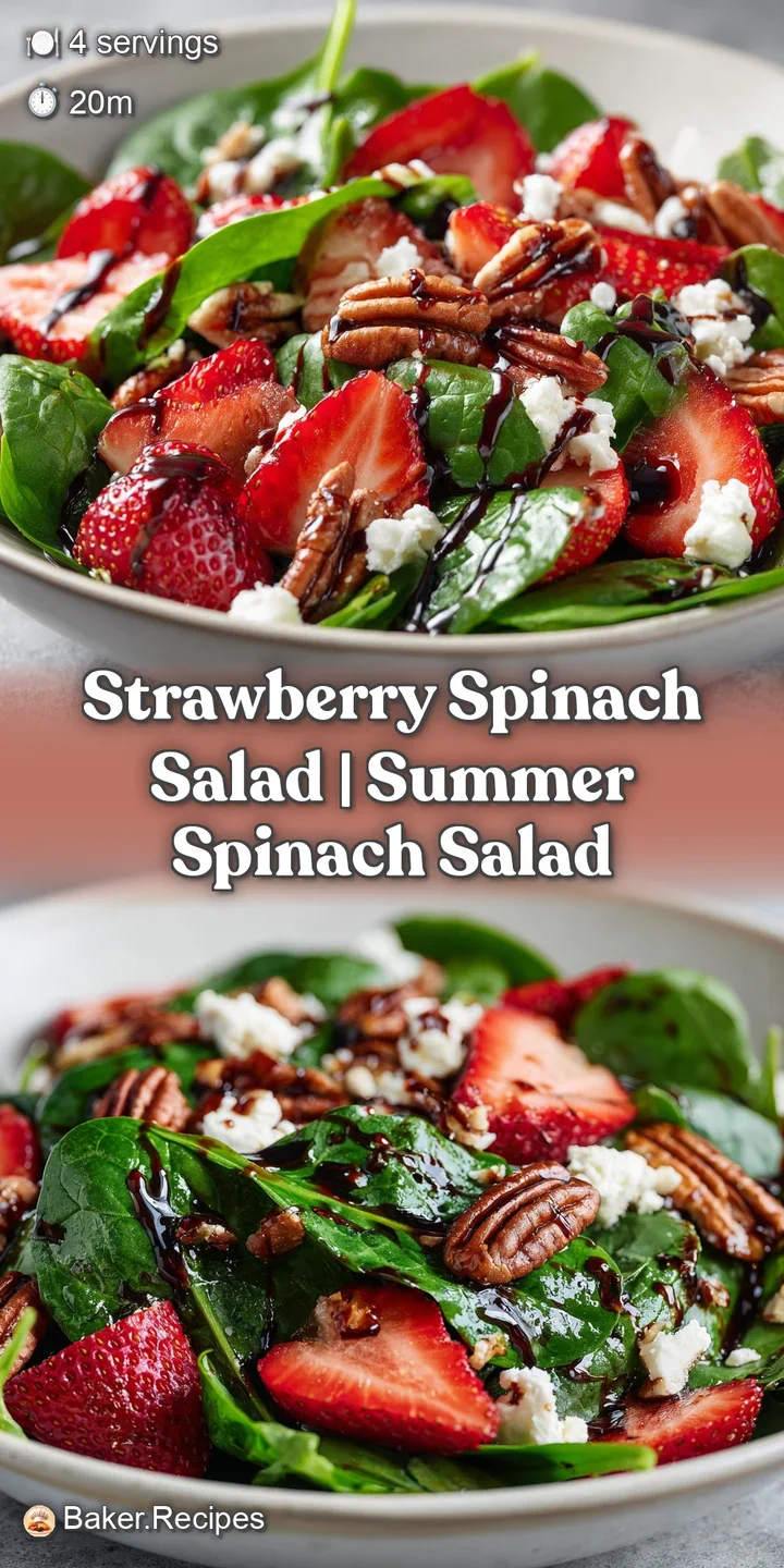 Close-up of juicy strawberry slices and crisp spinach leaves glistening with a drizzle of dark balsamic glaze.