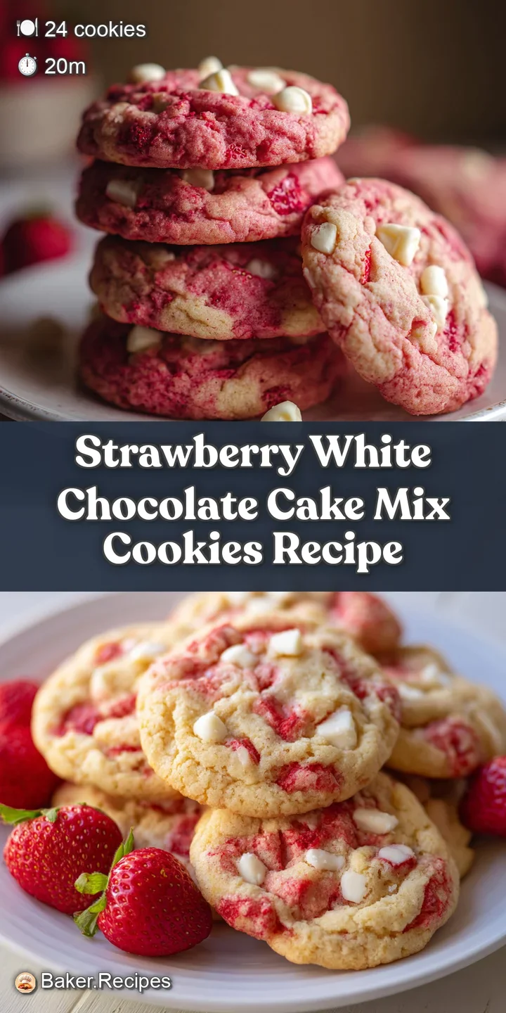 A close-up captures the chewy texture of a strawberry cookie, dotted with melted white chocolate and juicy bits of strawbe...