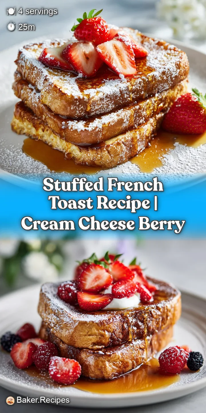 Close-up shows the golden crust of stuffed French toast and creamy center with juicy blueberries and dusting of powdered s...