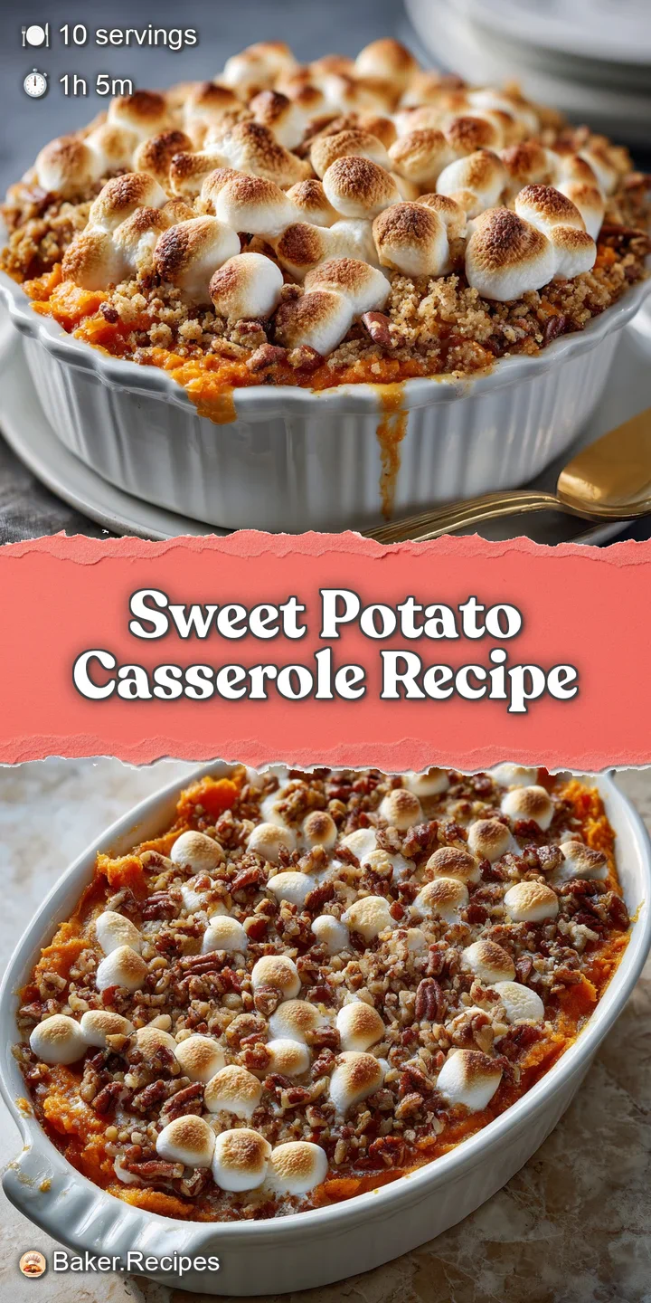 Close-up of sweet potato casserole: swirls of soft sweet potato peek through a crunchy, caramelized pecan and marshmallow ...