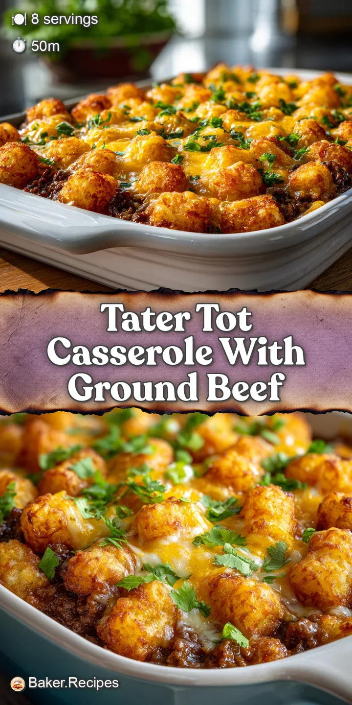 Close-up reveals crispy, browned tater tots over a rich, meaty filling; cheesy and irresistibly savory comfort food.