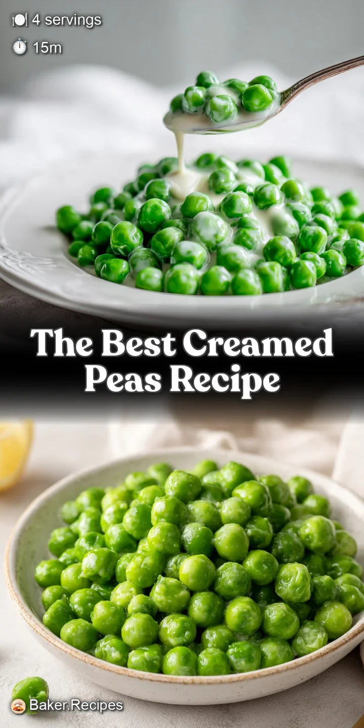 Steaming creamed peas, dotted with cracked black pepper, filling a bowl. The sauce is thick and the peas look tender.