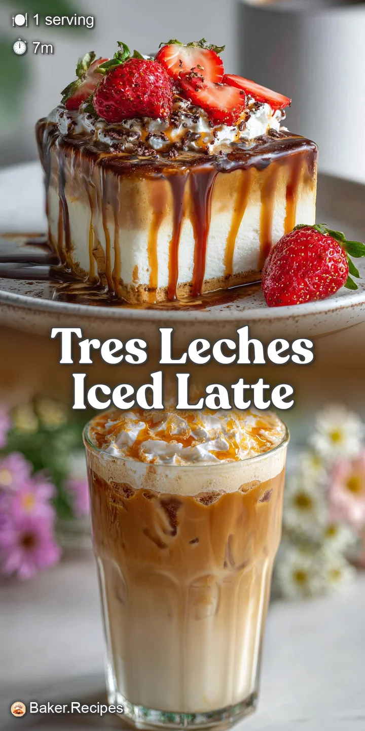 Close-up of a tres leches iced latte, showing the rich, foamy texture and layers of coffee and milk. Hints of sweet conden...