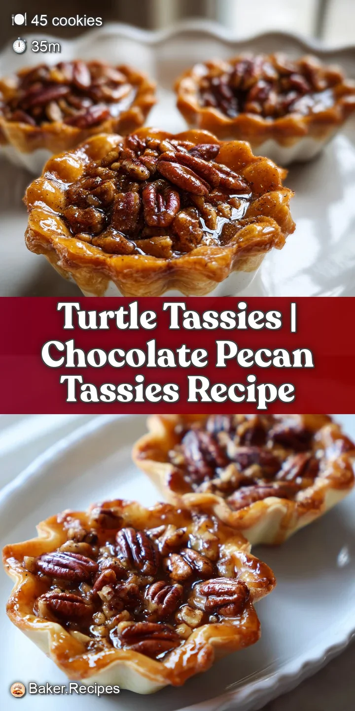 Close-up of a buttery tartlet featuring a swirl of rich dark chocolate over gooey caramel and a crunchy pecan half.