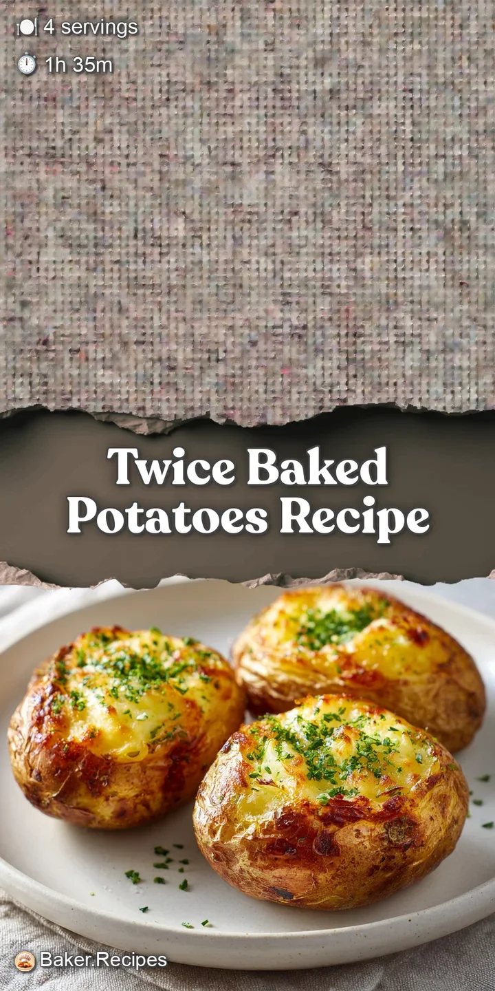 Close-up of a twice-baked potato: golden-brown skin, fluffy interior with melted cheese and fresh green herbs enticingly l...