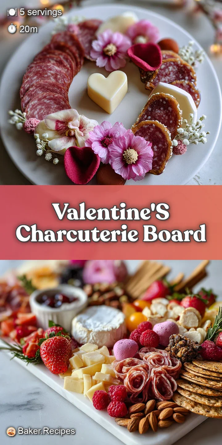 Close-up showcases glistening strawberries, creamy cheeses, and rosy prosciutto on Valentine's board. Textures invite indu...