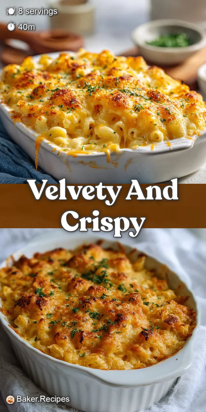 Close-up of sharp cheddar mac & cheese; strings of melted cheese pull from the rich, bubbly baked dish. Warm and inviting.