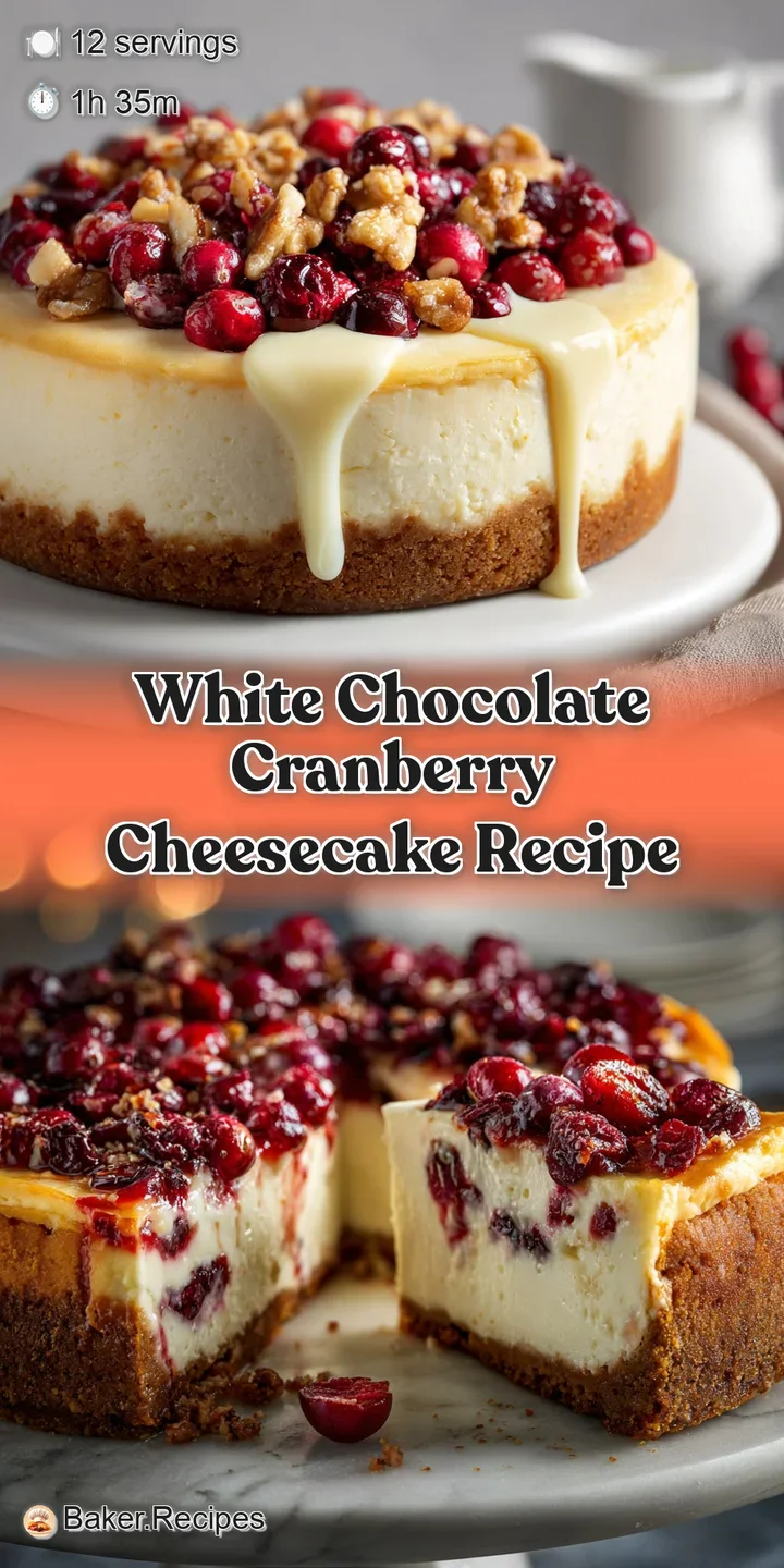 Close-up of decadent cheesecake, bright cranberries nestled in creamy white chocolate, hints of buttery graham cracker crust.