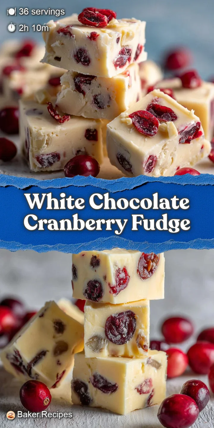 Close-up of rich white chocolate cranberry fudge. Notice the glossy, smooth surface and pops of tart red fruit within each...