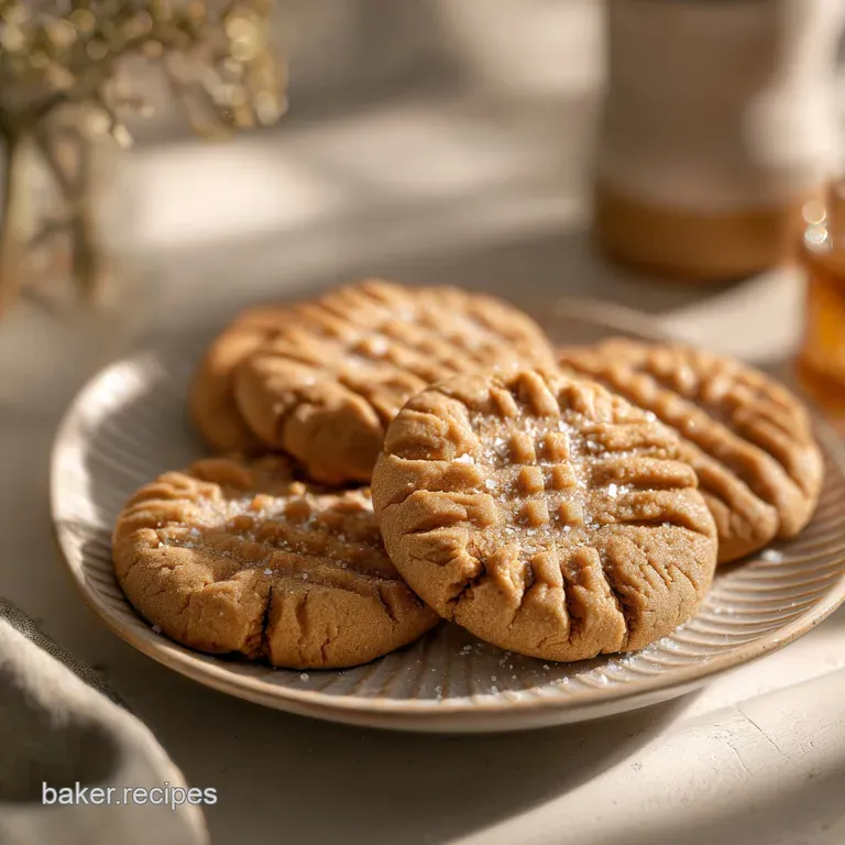 Three freshly baked, textured peanut butter cookies artfully arranged on a rustic wooden board, dusted with salt.