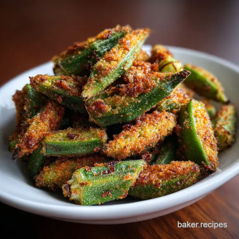 Crispy air-fried okra spears arranged artfully on a white plate. Cornmeal coating gives a rustic, golden-brown hue with he...