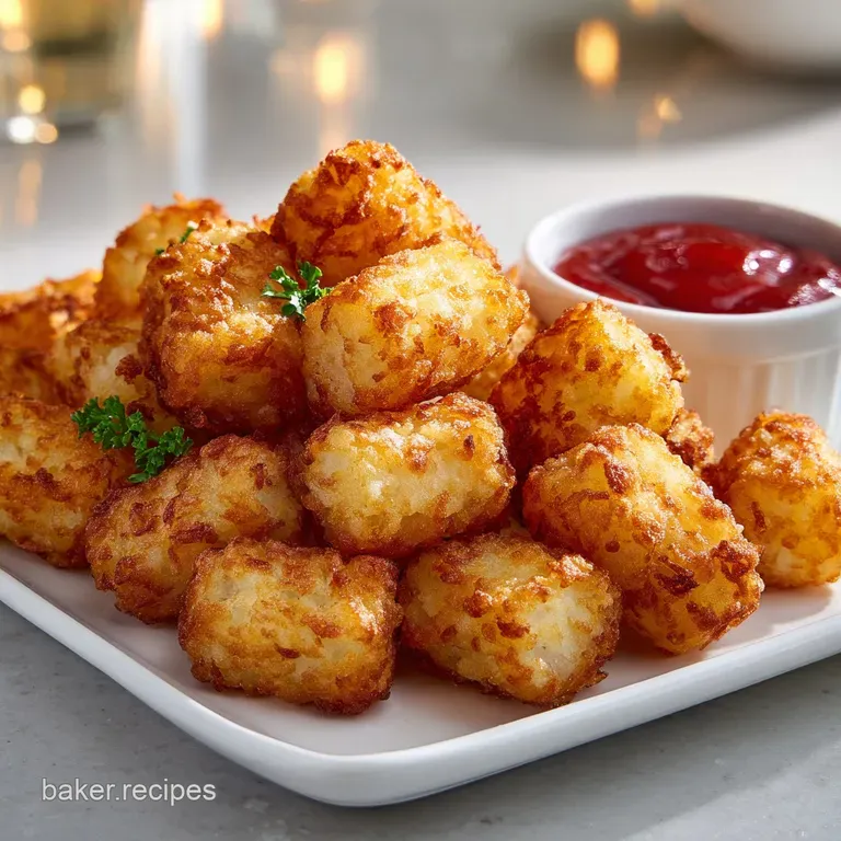 Perfectly arranged tater tots, golden & crispy, displayed in a rustic bowl, garnished with a sprig of parsley, invitingly ...