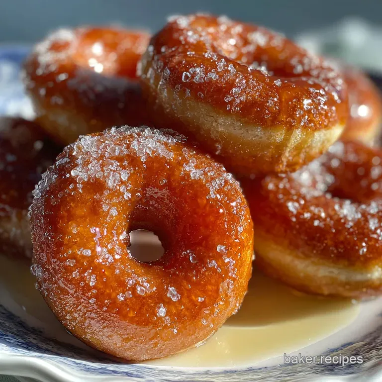 Dusty powdered sugar coats oven-baked donuts stacked high on a pale plate. Sunlight glints, accentuating their puffy shape.