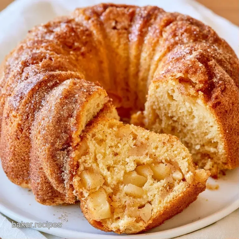 A slice of golden sponge cake on a white ceramic plate, garnished with a fresh cinnamon stick and apple slice.