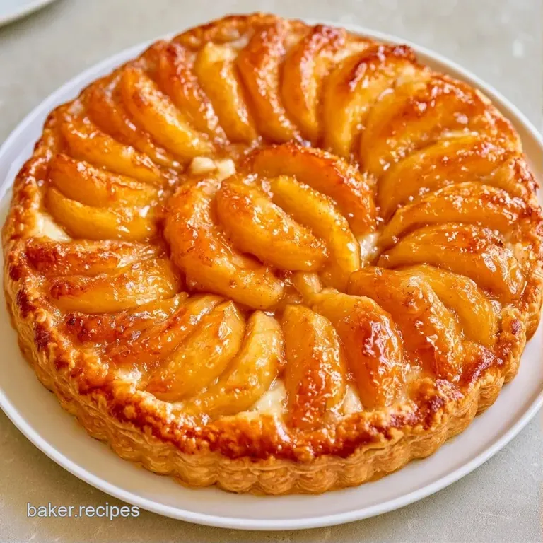 A slice of creamy apple tart on a white ceramic plate, dusted with powdered sugar and garnished with mint.