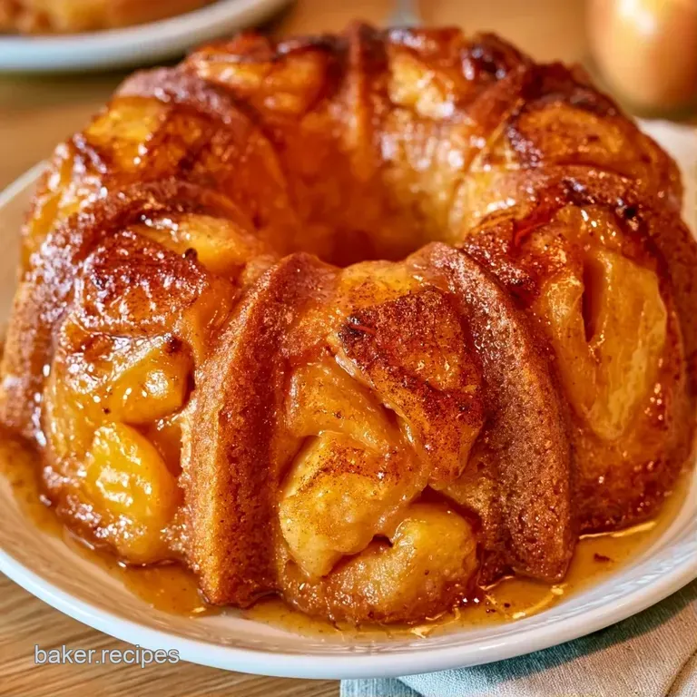A slice of moist golden cake on a white plate, topped with a swirl of cream and a drizzle of amber caramel sauce