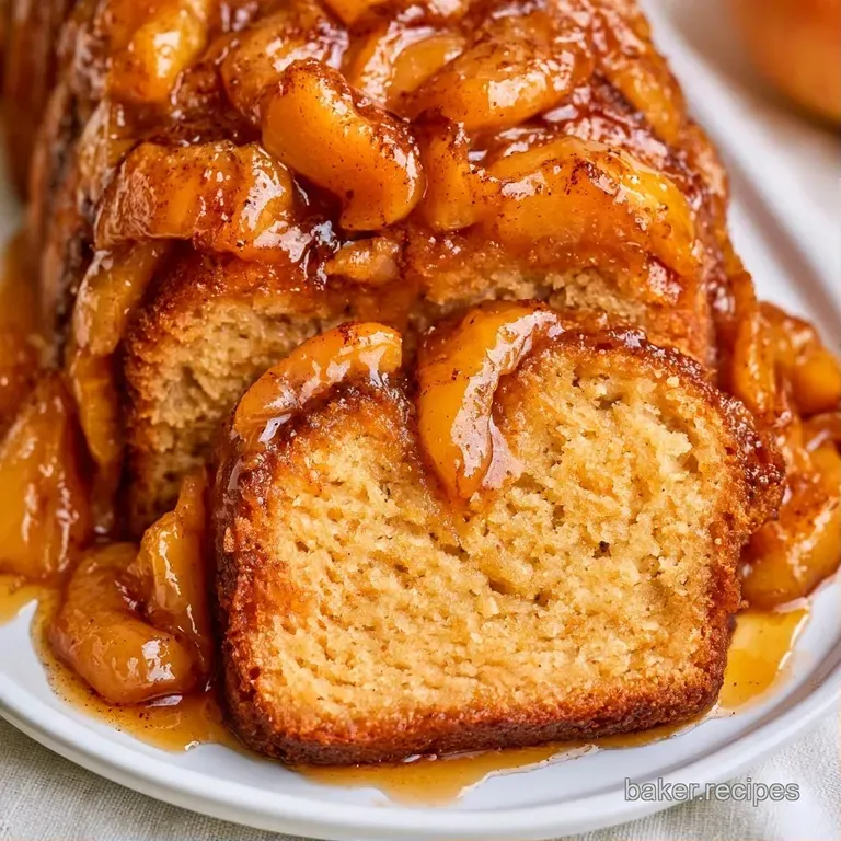 A neat slice of buttery golden cake paired with warm glazed apples and a dollop of cream on a white ceramic plate.