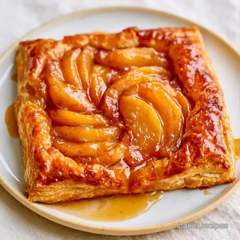 Flaky, golden tart slices plated on white porcelain with a drizzle of maple syrup and fresh mint sprigs