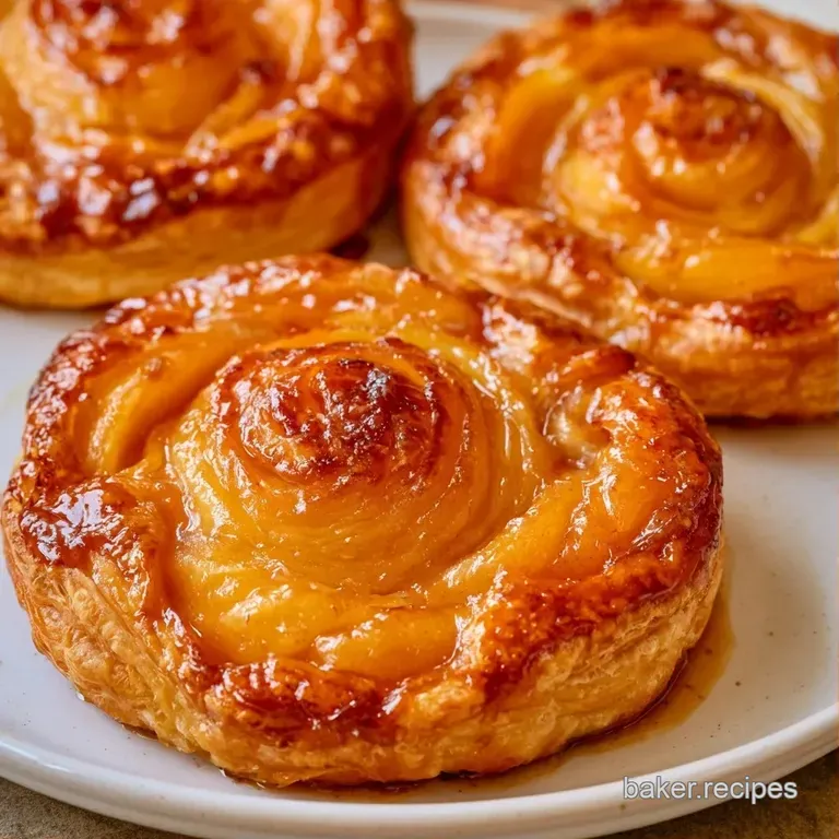 Two golden tartlets on a white ceramic plate with a sprig of fresh thyme and a dusting of powdered sugar.