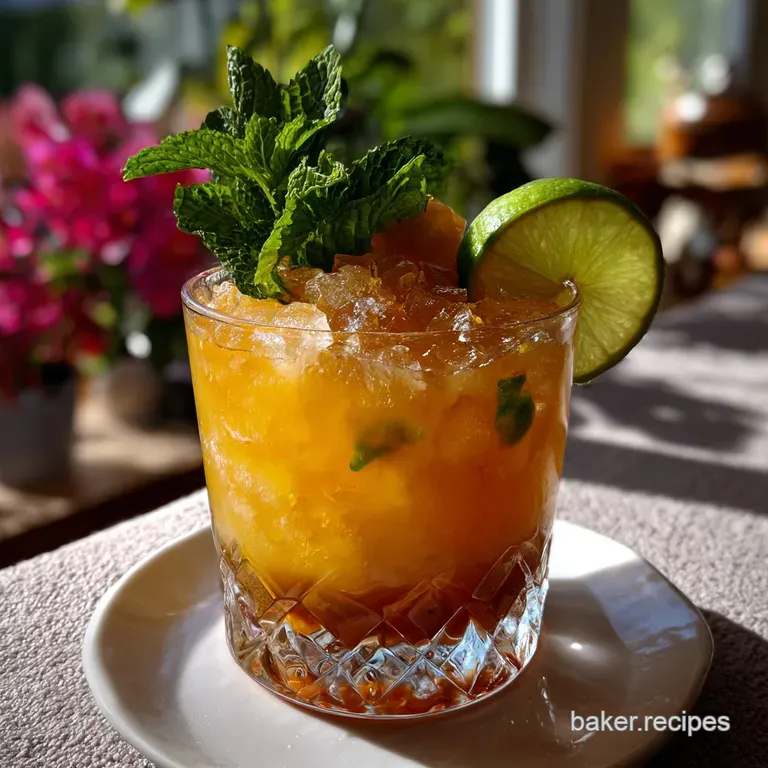 Elegant cocktail in a stemmed glass, featuring a rich, sunset-hued liquid and a garnish that adds a touch of fresh, green ...