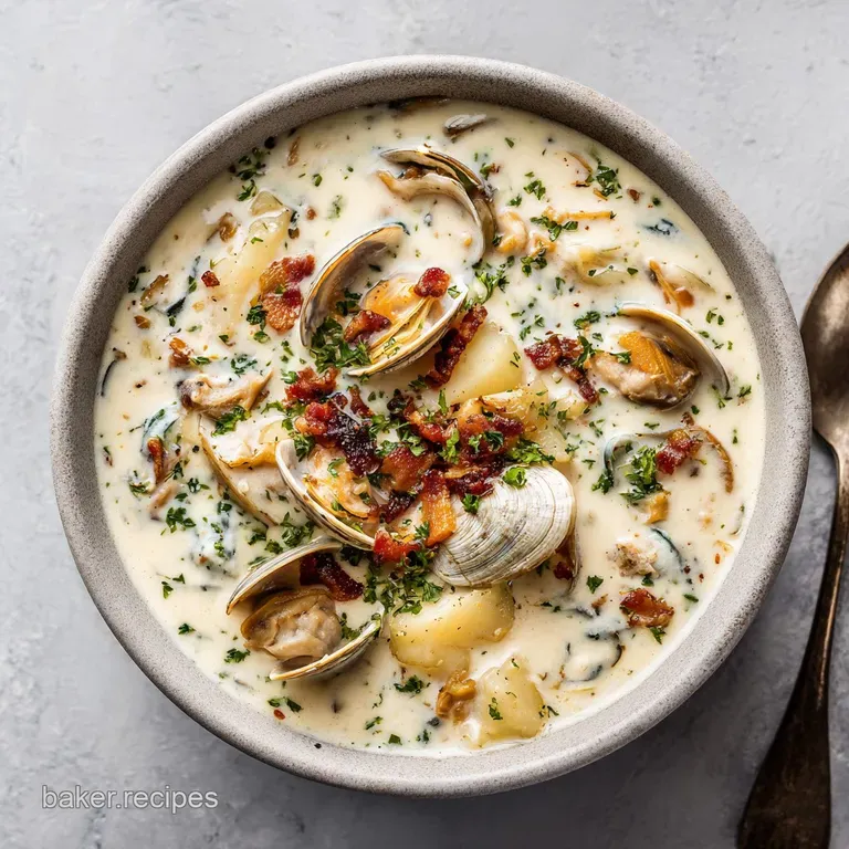 A steaming bowl of rich, creamy chowder, artfully garnished with crisp bacon bits and fresh parsley.