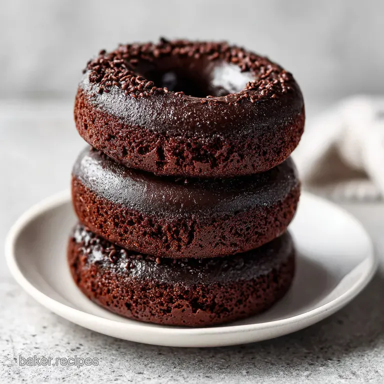 Dark cocoa cakes stacked neatly on a marble slab, accented by a few fresh raspberries and a drizzle of syrup.