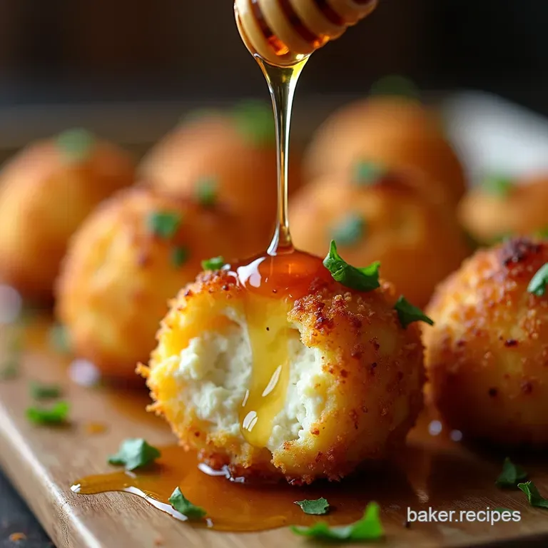 Cheesy Dreams Crispy Baked Goat Cheese Balls with Honey Drizzle presentation
