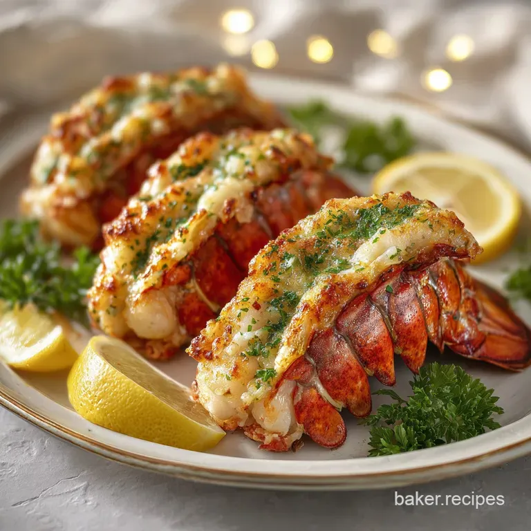 Buttery lobster tail halves presented elegantly on a white plate, drizzled butter & herbs. Fresh lemon wedge & parsley sprig.