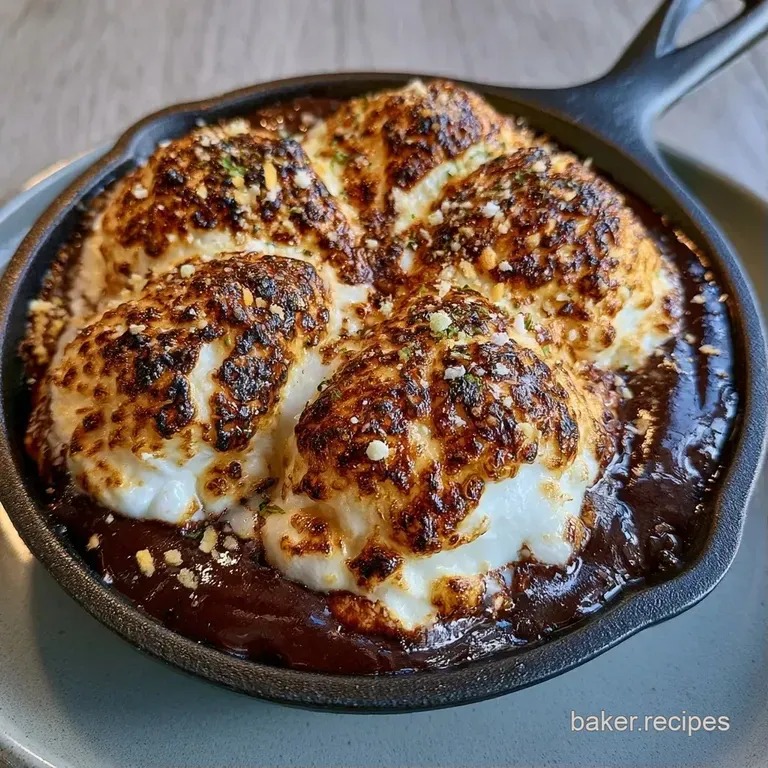 A rustic black skillet of melted chocolate and charred marshmallows surrounded by crisp, tan graham cracker squares.