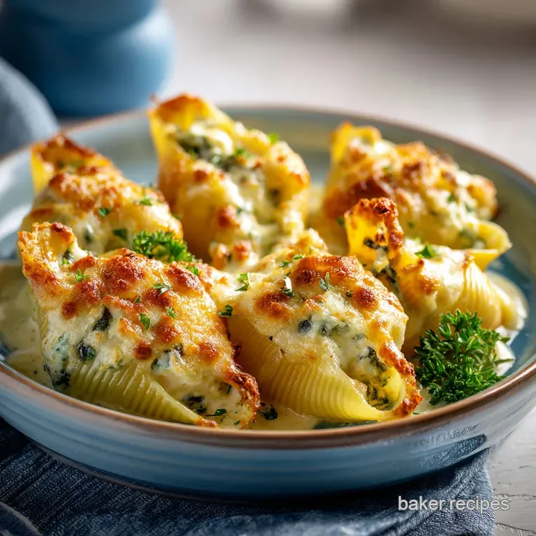 A generous scoop of stuffed shells, golden-baked and bubbling, nestled on a white plate with a sprinkle of parsley.