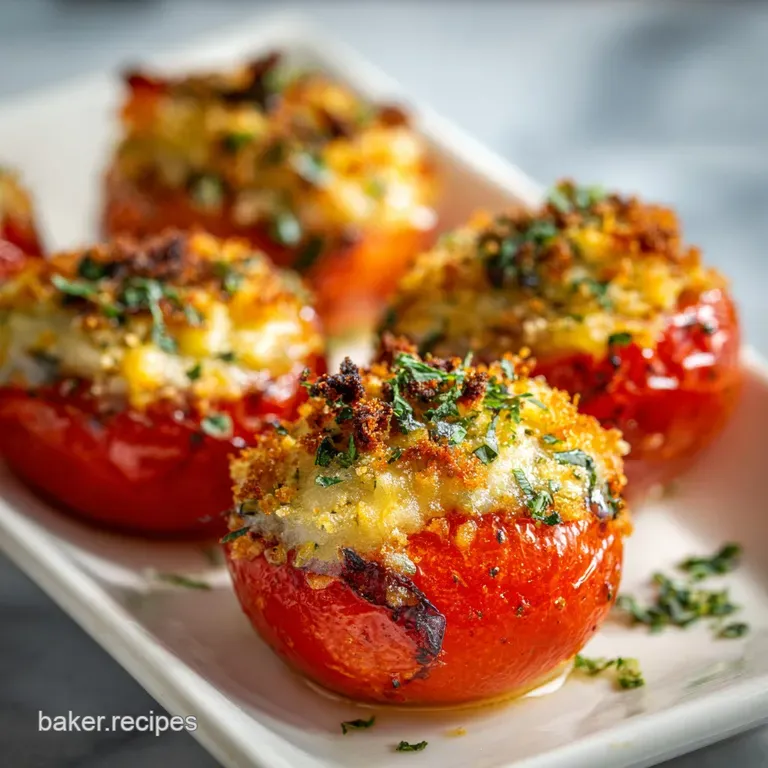 Three roasted red tomatoes filled with savory herbed stuffing on a slate board with a drizzle of olive oil.